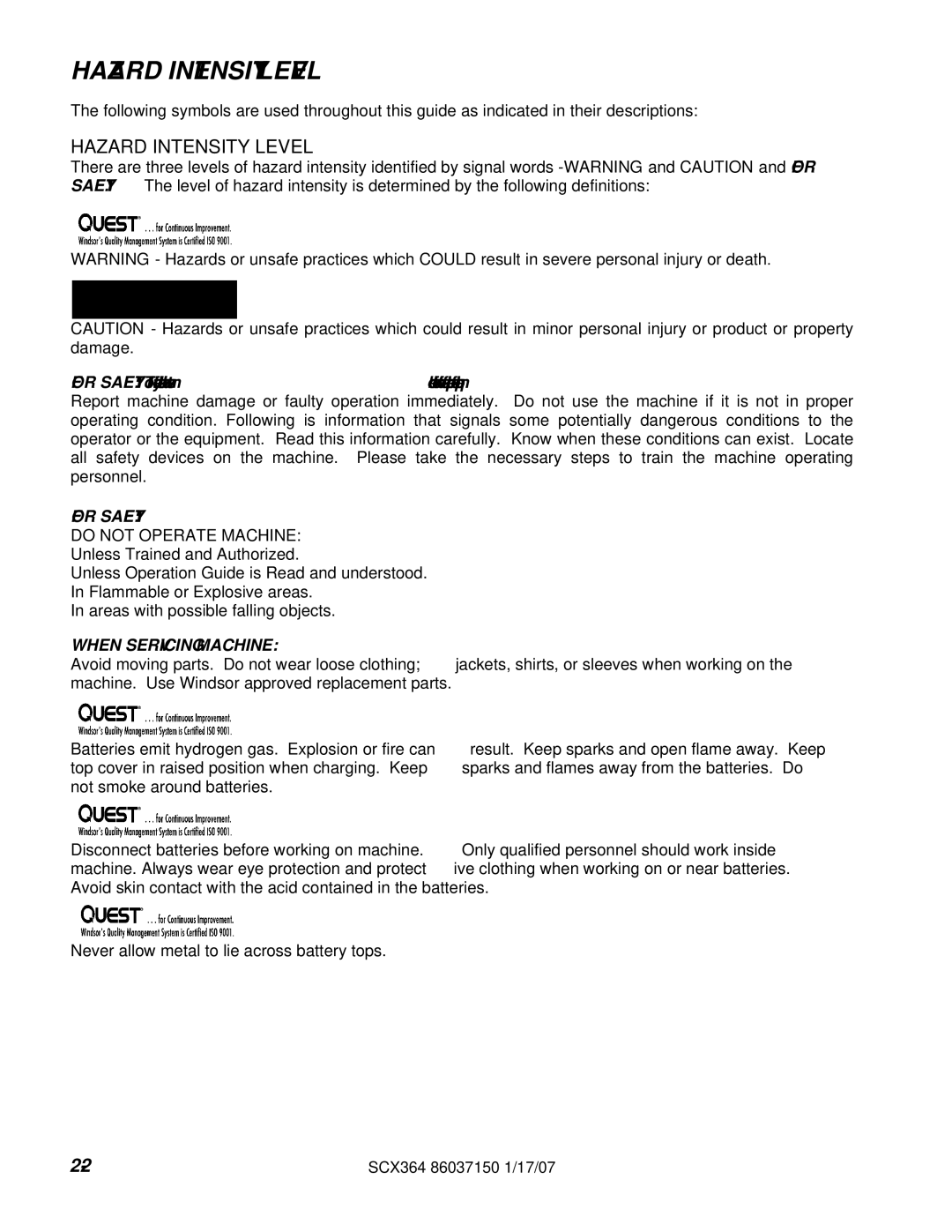 Windsor SCX364, 10052410 manual Hazard Intensity Level 