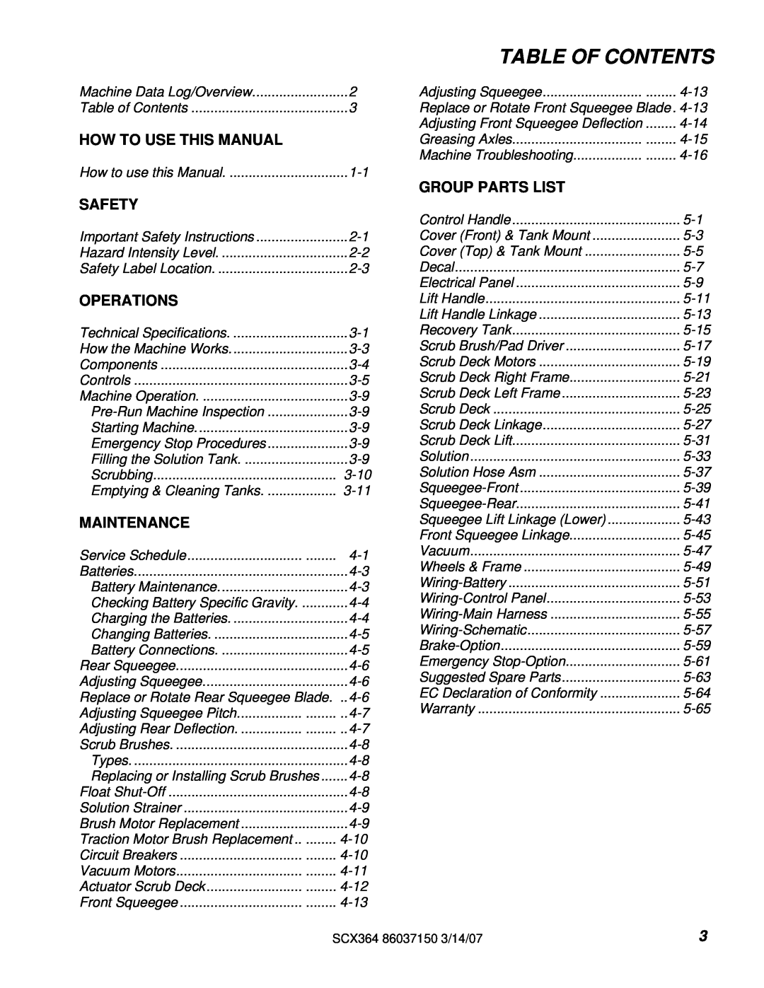 Windsor 10052410, SCX364 manual Table Of Contents, How To Use This Manual, Safety, Operations, Maintenance, Group Parts List 