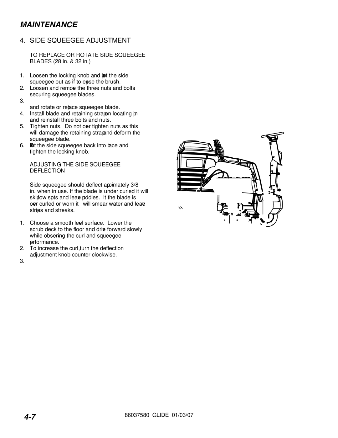 Windsor SG32, SG36, SG28, 10052450, 10052460, 10052470 manual Side Squeegee Adjustment, Adjusting the Side Squeegee Deflection 