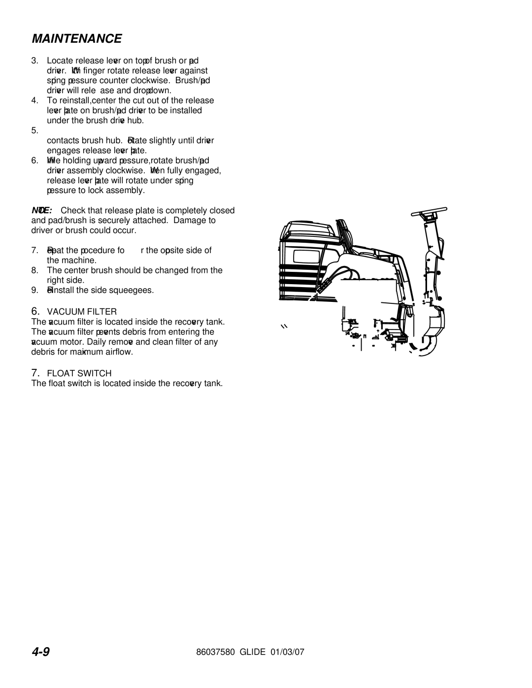 Windsor SG28, SG32, SG36 Vacuum Filter, Float Switch, Solution Strainer, Brake Adjustment, Steering Chain Tensioner 