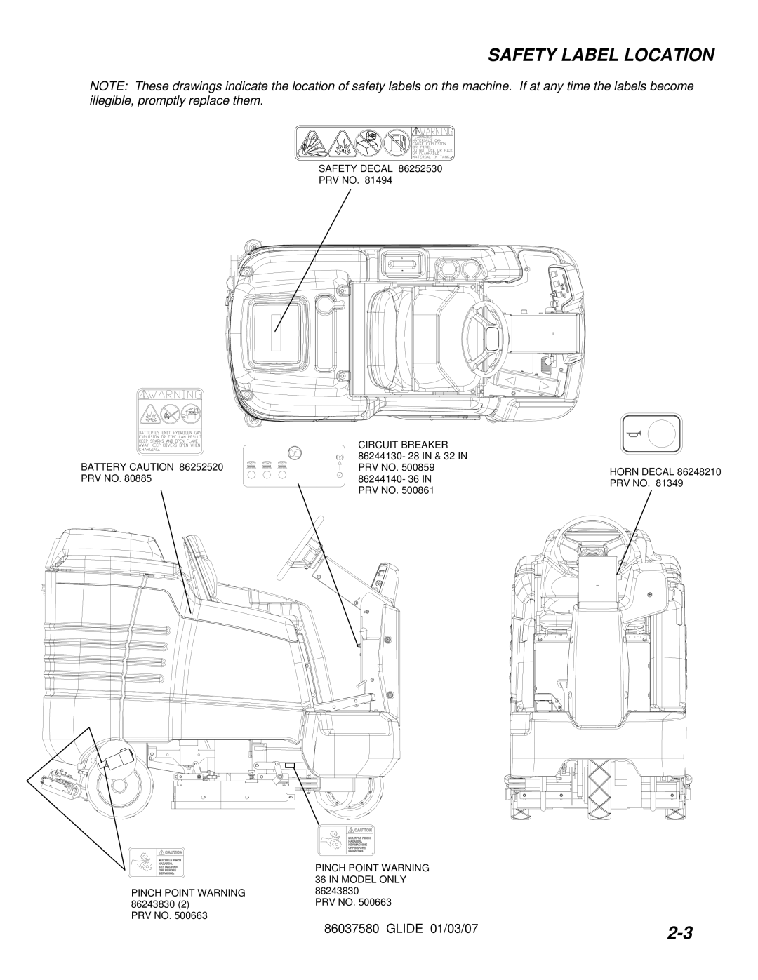 Windsor SG36, SG32, SG28, 10052450, 10052460, 10052470 manual Safety Label Location 