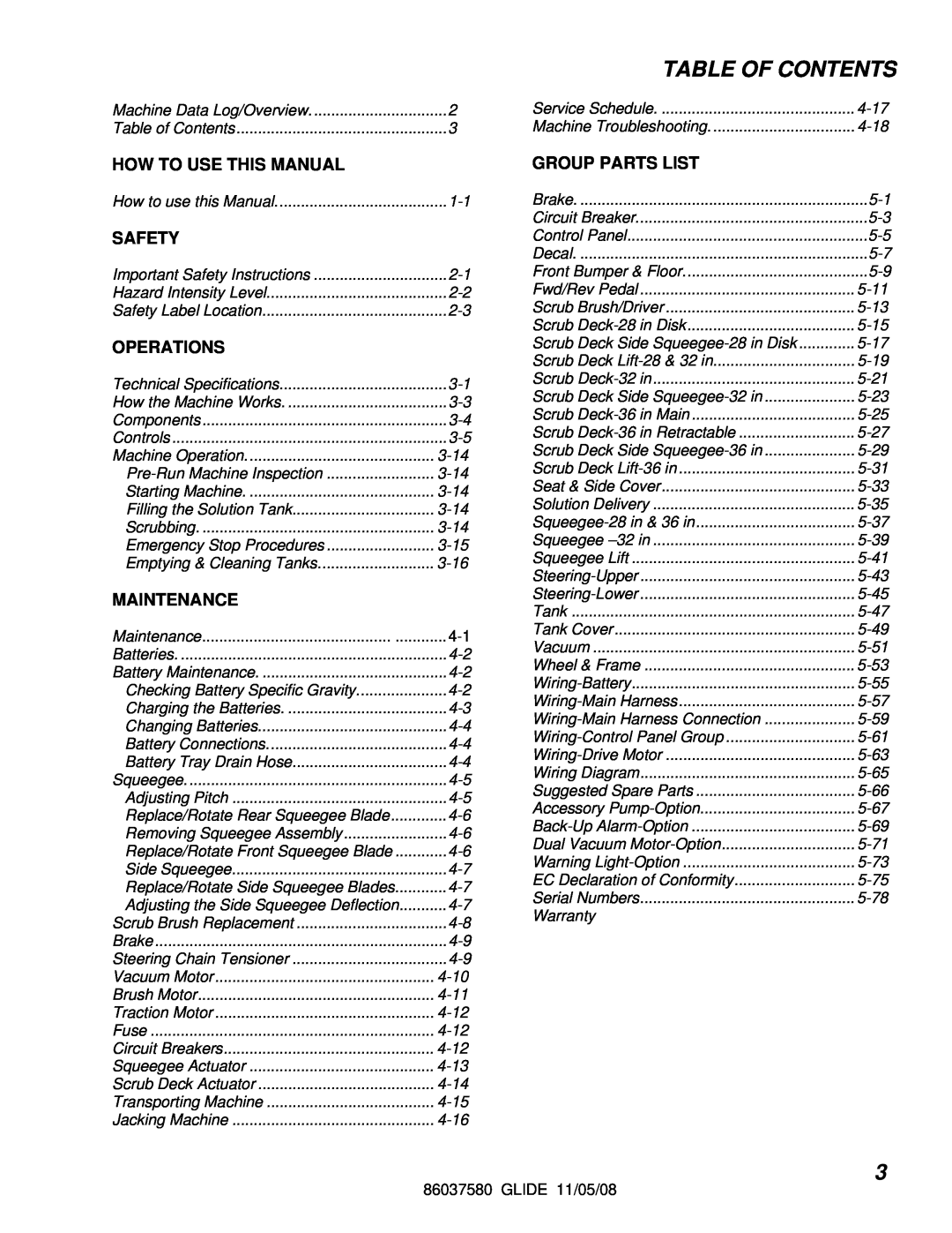 Windsor 10052450, SG32, SG36 Table Of Contents, How To Use This Manual, Safety, Operations, Maintenance, Group Parts List 