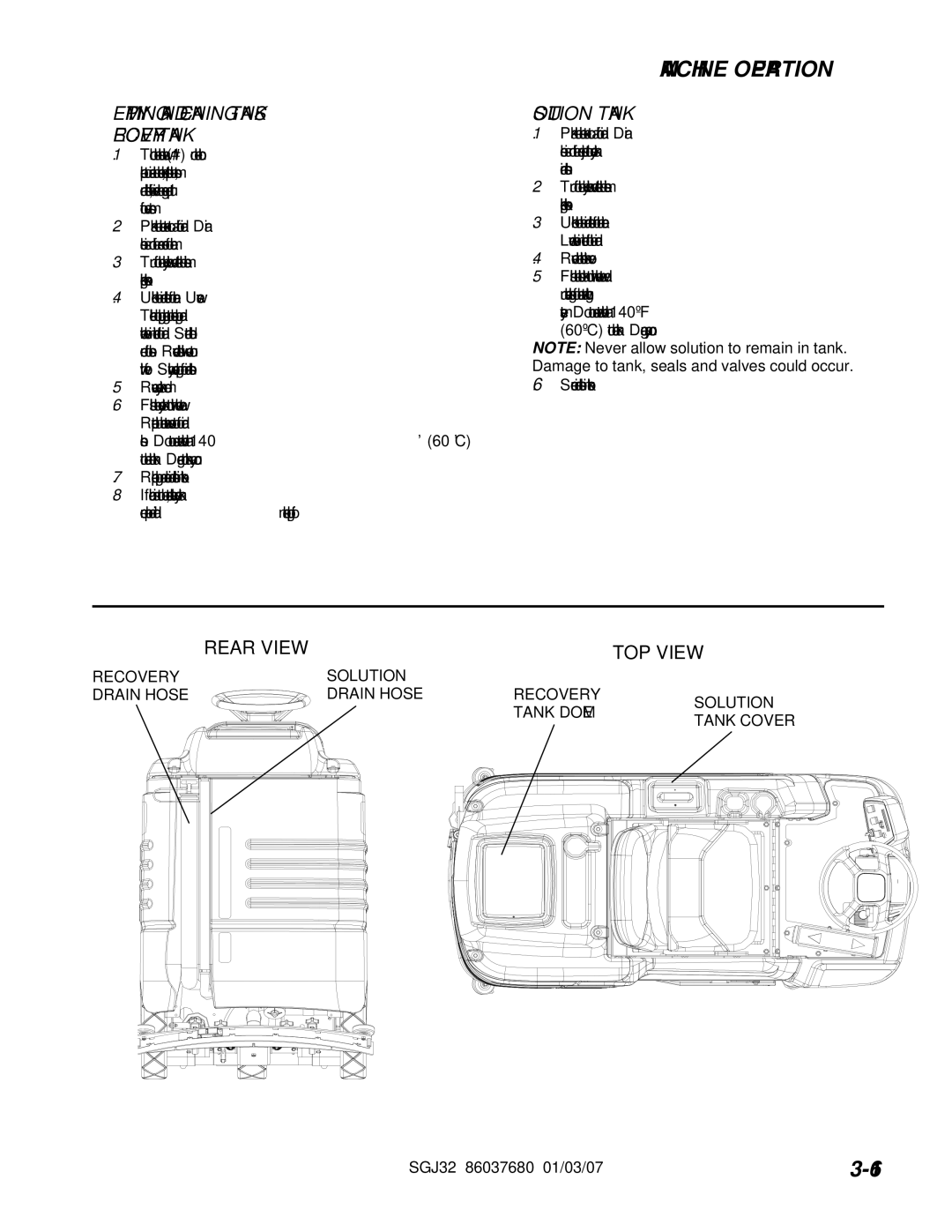 Windsor 10052530, SGJ32 operating instructions Emptying and Cleaning Tanks Recovery Tank, Solution Tank 