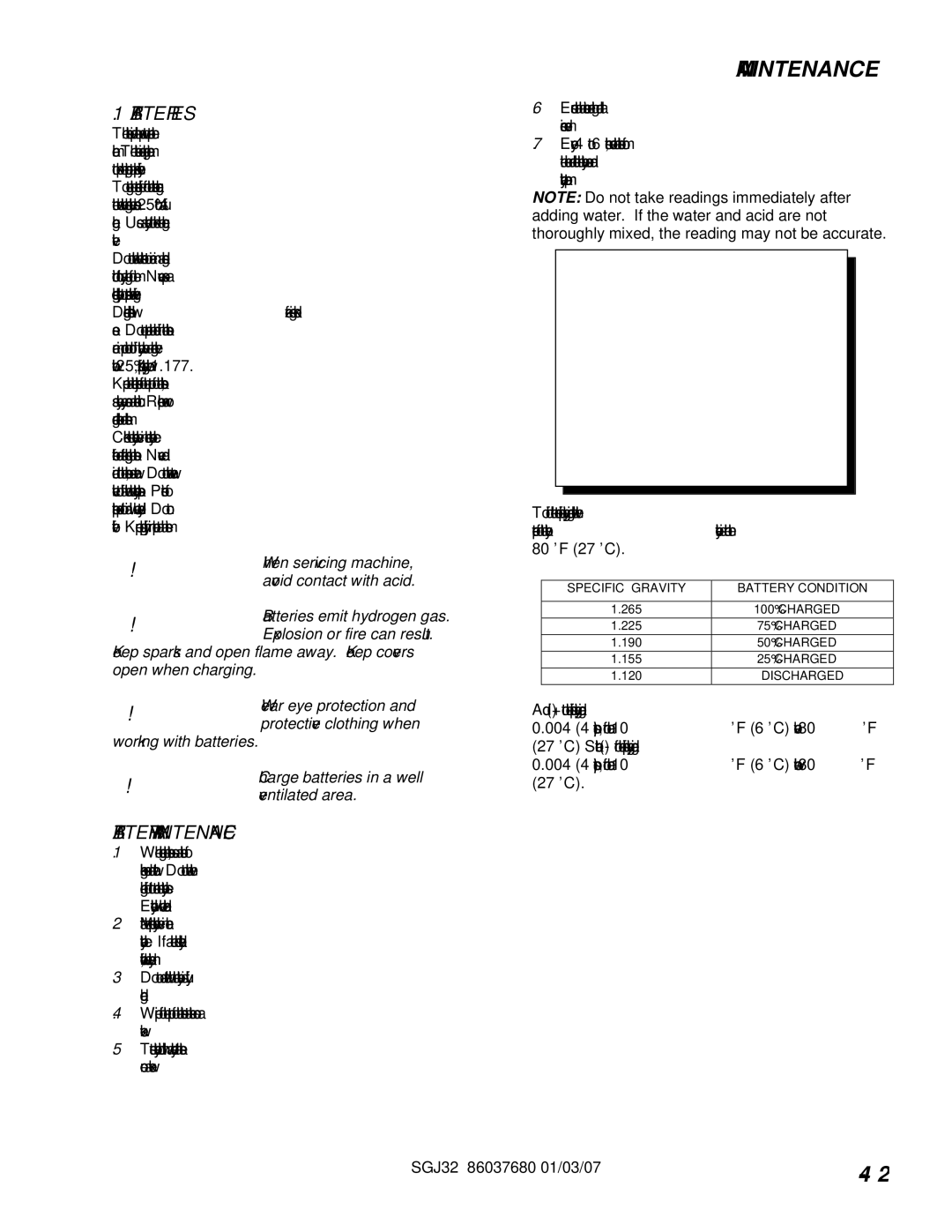 Windsor 10052530, SGJ32 operating instructions Batteries, Battery Maintenance 