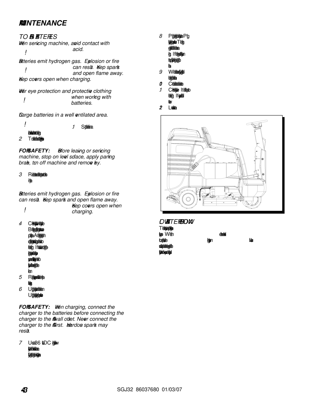 Windsor SGJ32, 10052530 operating instructions To Charge Batteries, LOW Battery SHUT-DOWN 