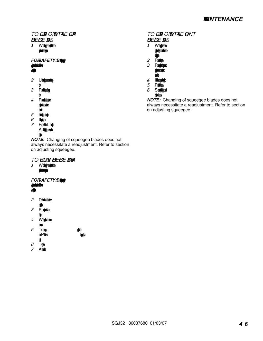 Windsor 10052530, SGJ32 operating instructions To Replace or Rotate Rear Squeegee Blades, To Remove Squeegee Assembly 