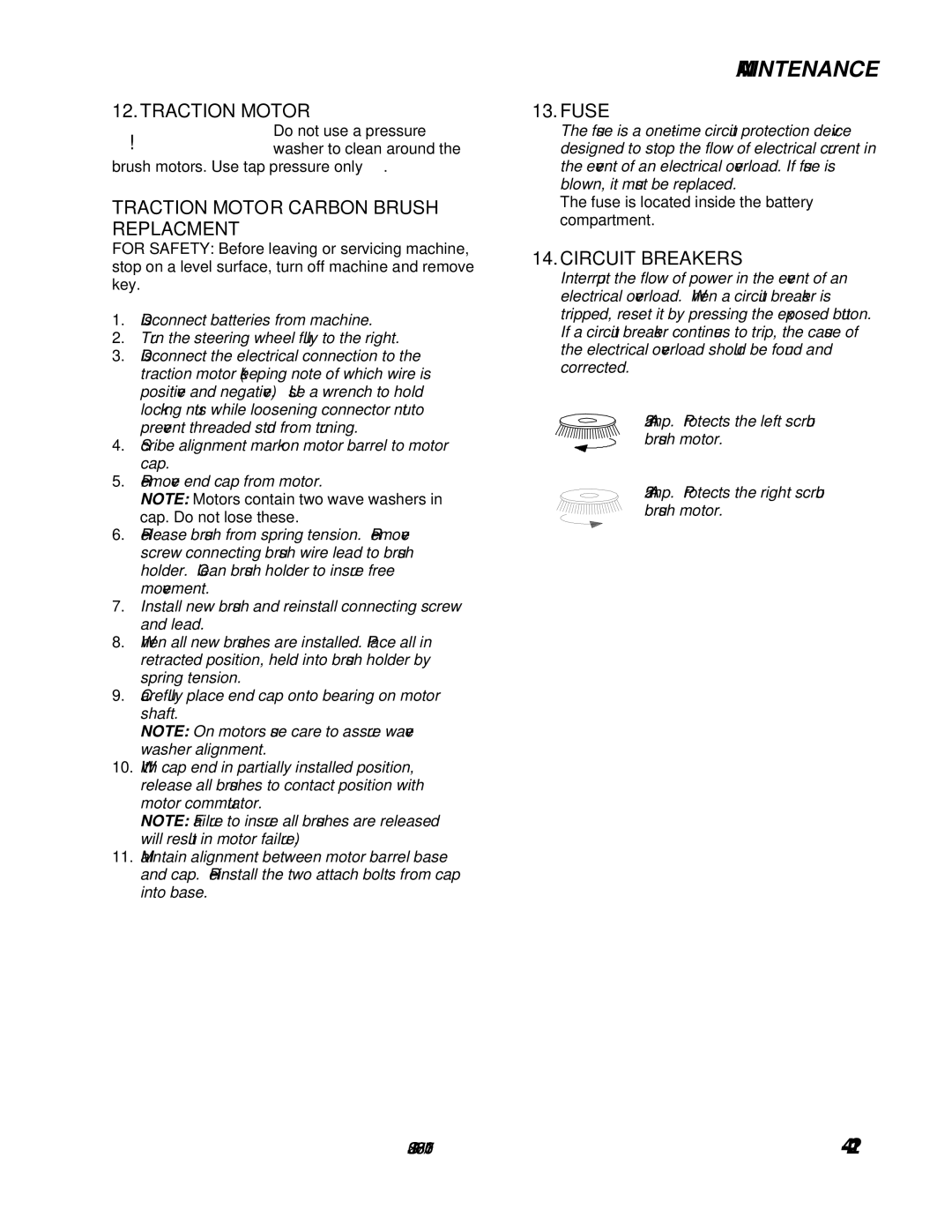 Windsor 10052530, SGJ32 operating instructions Traction Motor Carbon Brush Replacment, Fuse, Circuit Breakers 