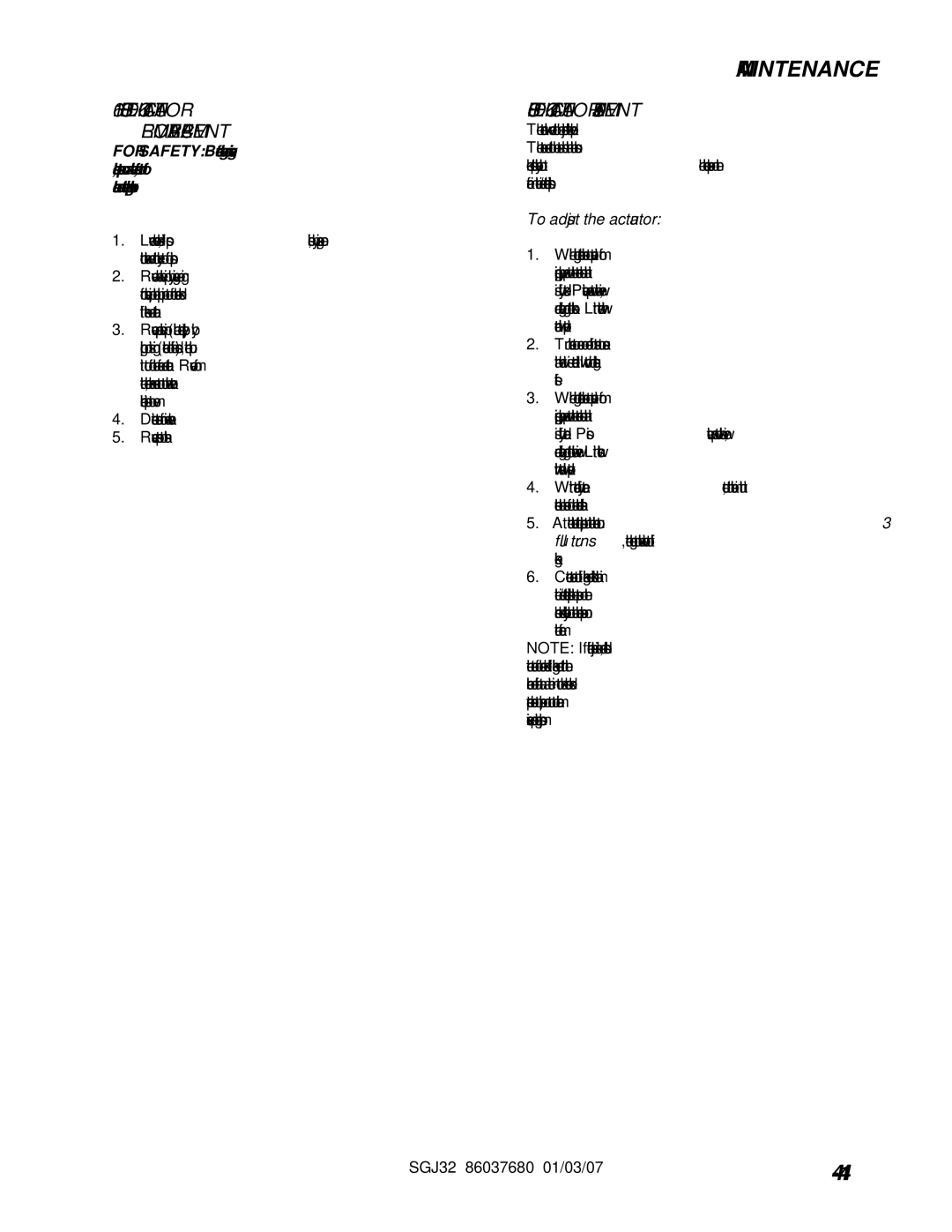 Windsor 10052530, SGJ32 operating instructions Scrub Deck Actuator REMOVAL/REPLACEMENT, Scrub Deck Actuator Adjustment 