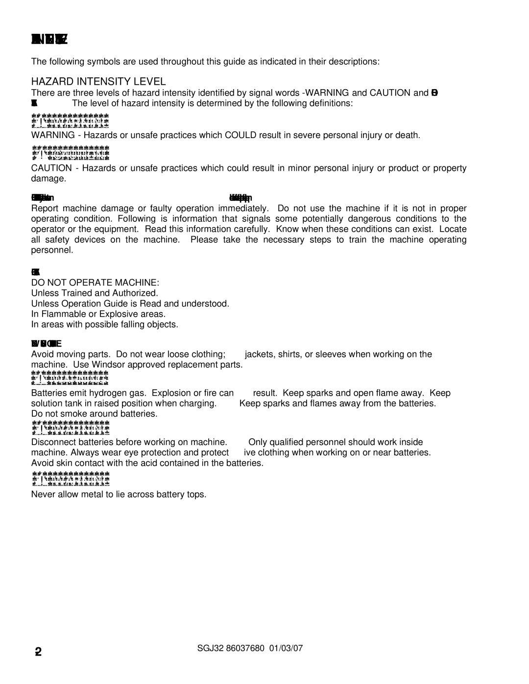 Windsor SGJ32, 10052530 operating instructions Hazard Intensity Level 