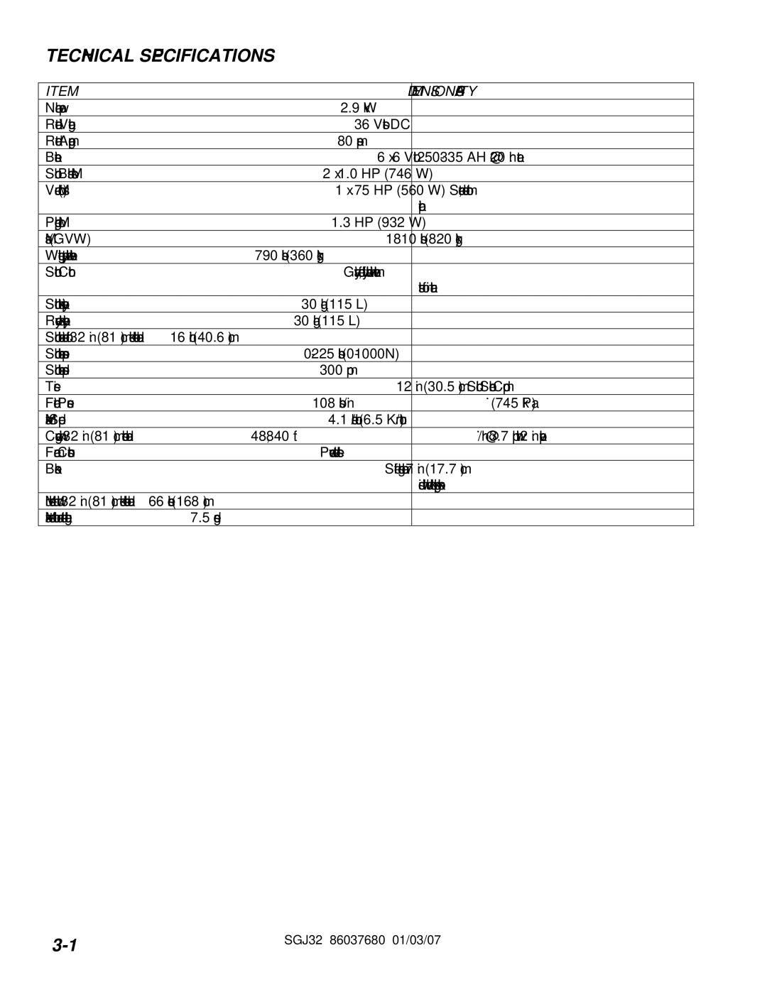 Windsor SGJ32, 10052530 operating instructions Technical Specifications, Dimension/Capacity 