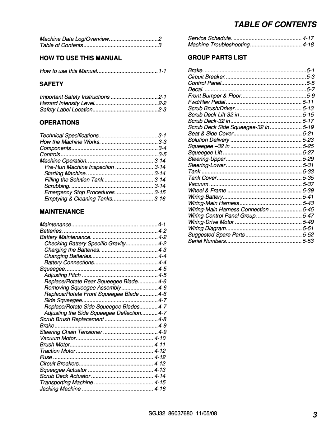 Windsor 10052530, SGJ32 Table Of Contents, How To Use This Manual, Safety, Operations, Maintenance, Group Parts List 