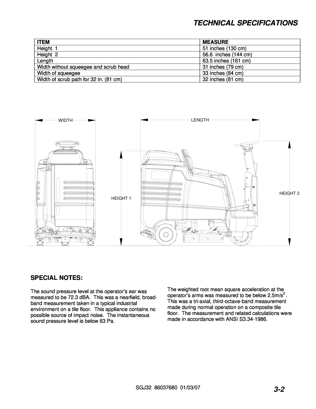 Windsor 10052530, SGJ32 operating instructions Special Notes, Technical Specifications, Measure 