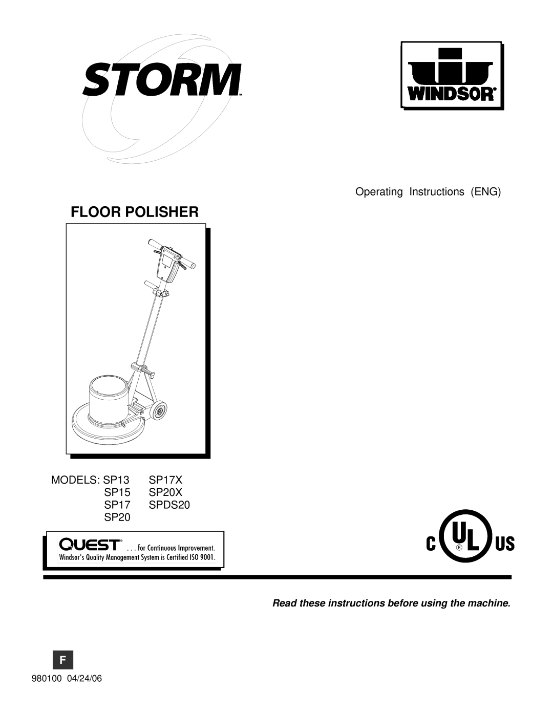 Windsor SP13, SP17X, SPDS20, SP20X, SP15 manual Floor Polisher 