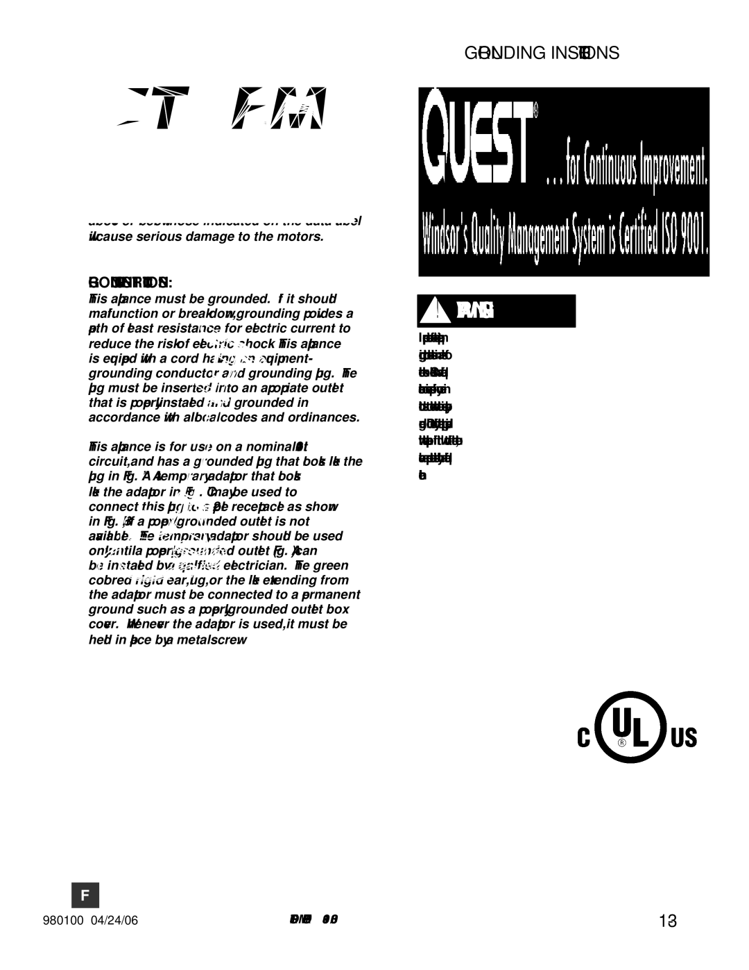 Windsor SP13, SP17X, SPDS20, SP20X, SP15 manual Grounding Instructions, Electrical 