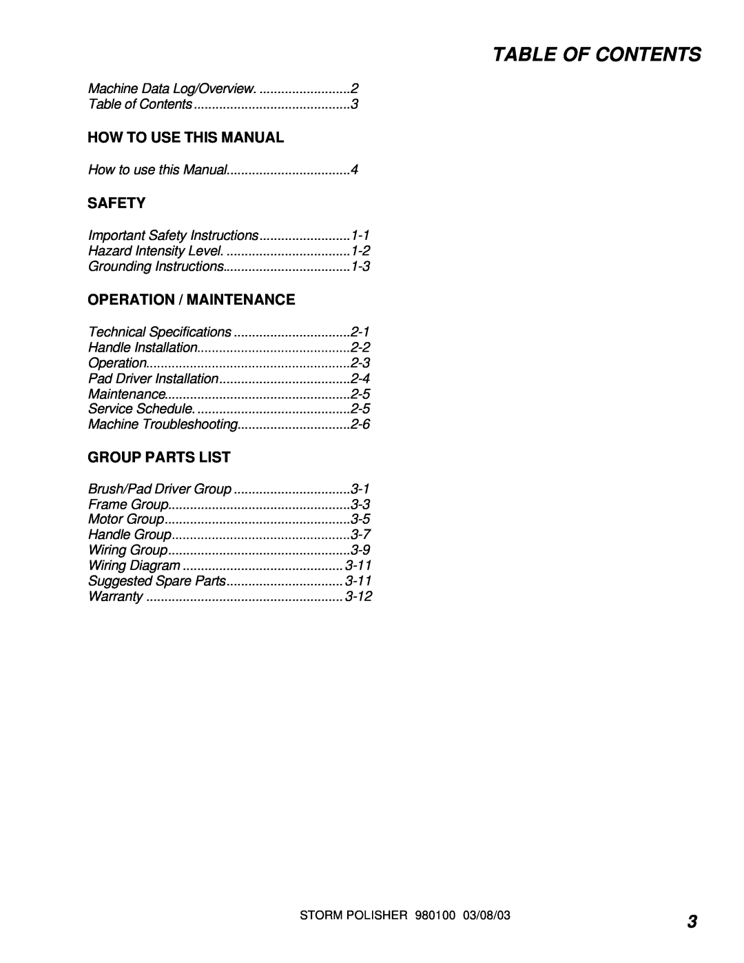 Windsor SP20, SP13, SP17X Table Of Contents, How To Use This Manual, Safety, Operation / Maintenance, Group Parts List 
