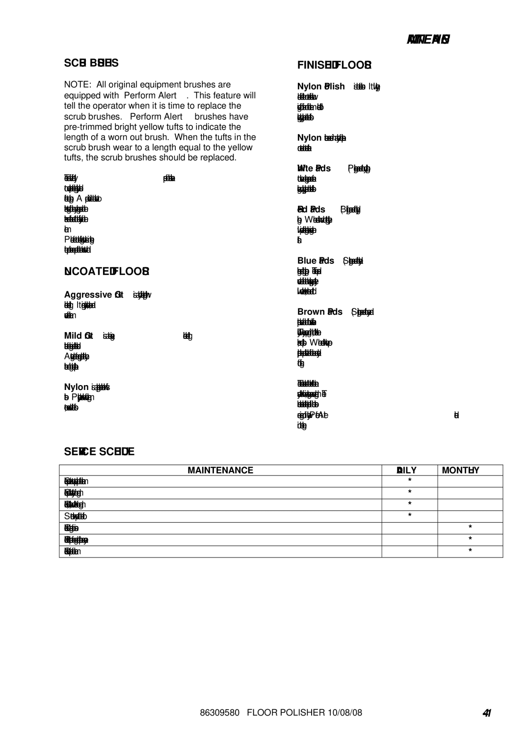 Windsor SP20X-10090320, SP17IE-10090270 Maintenance, Scrub Brushes, Uncoated Floors, Finished Floors, Service Schedule 