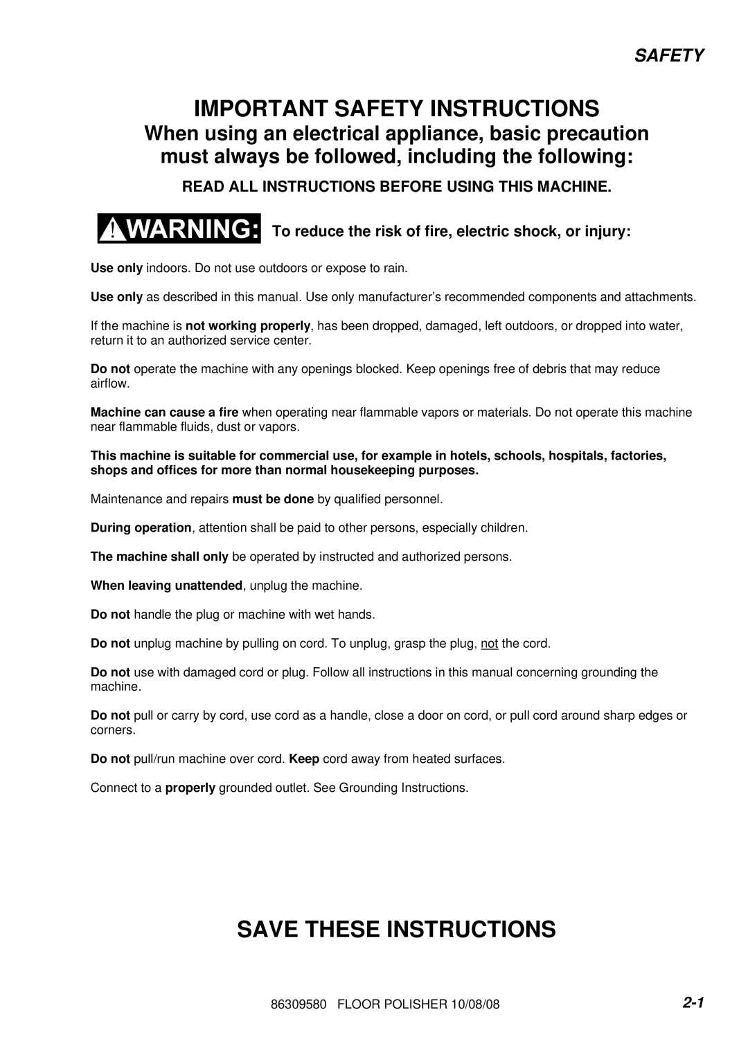 Windsor SP17-10090240, SP17IE-10090270, SP17IA-10090260 manual Safety, Read ALL Instructions Before Using this Machine 