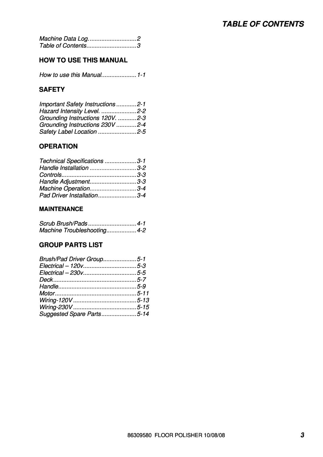 Windsor SP15-10090230 manual Table Of Contents, How To Use This Manual, Safety, Operation, Group Parts List, Maintenance 