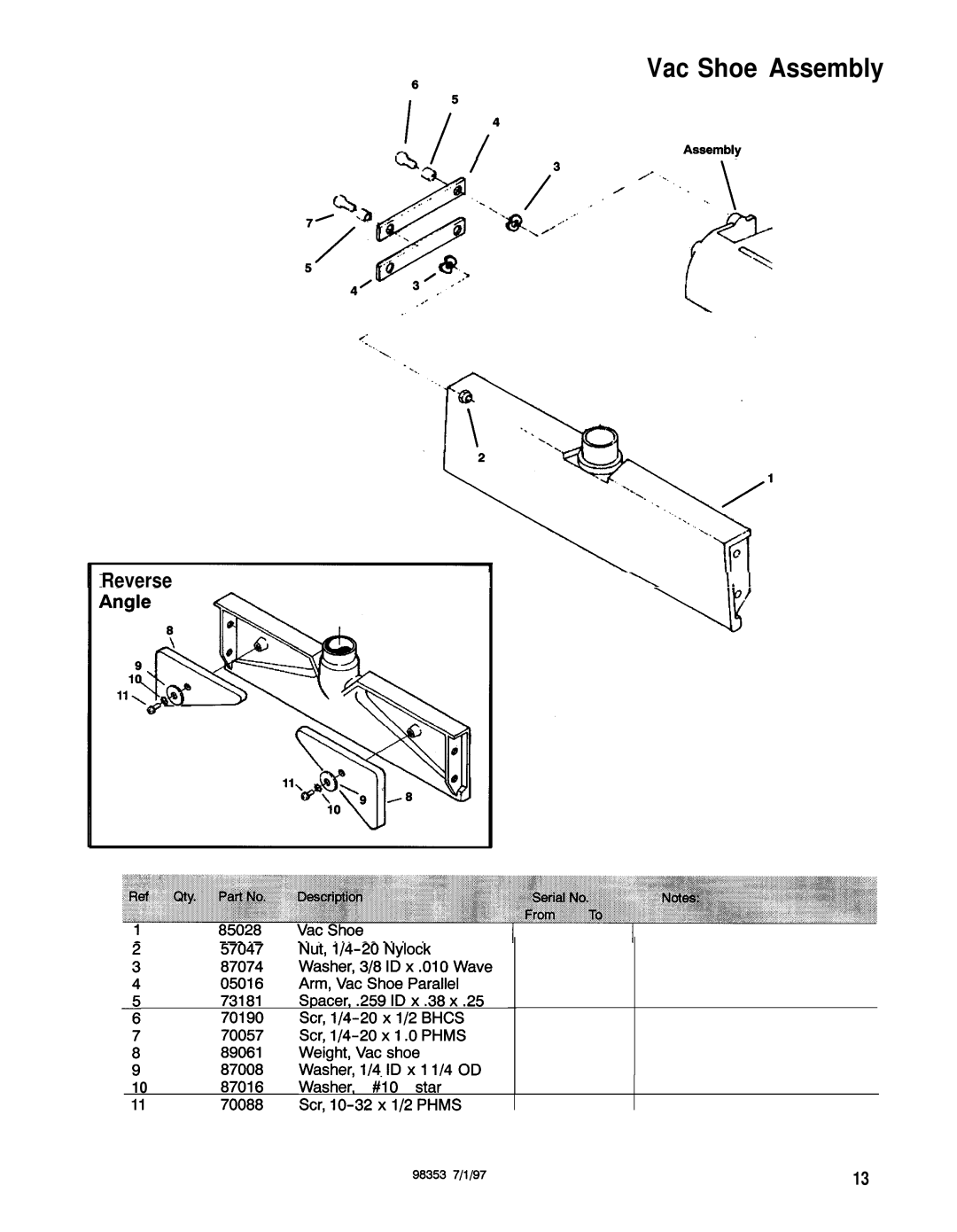 Windsor SPD-J manual Vac Shoe Assembly, Reverse 