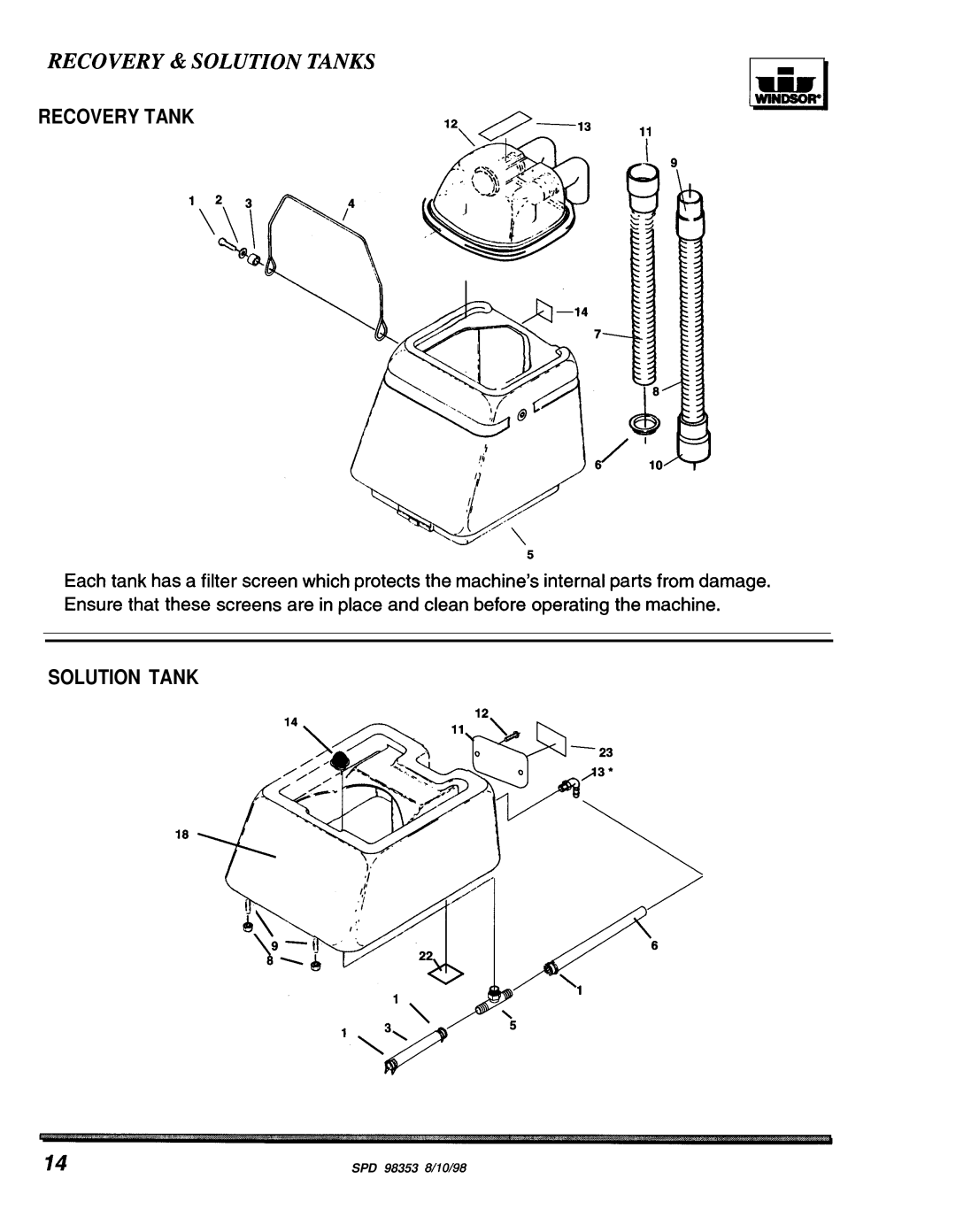 Windsor SPD-J manual Recovery & Solution Tanks 