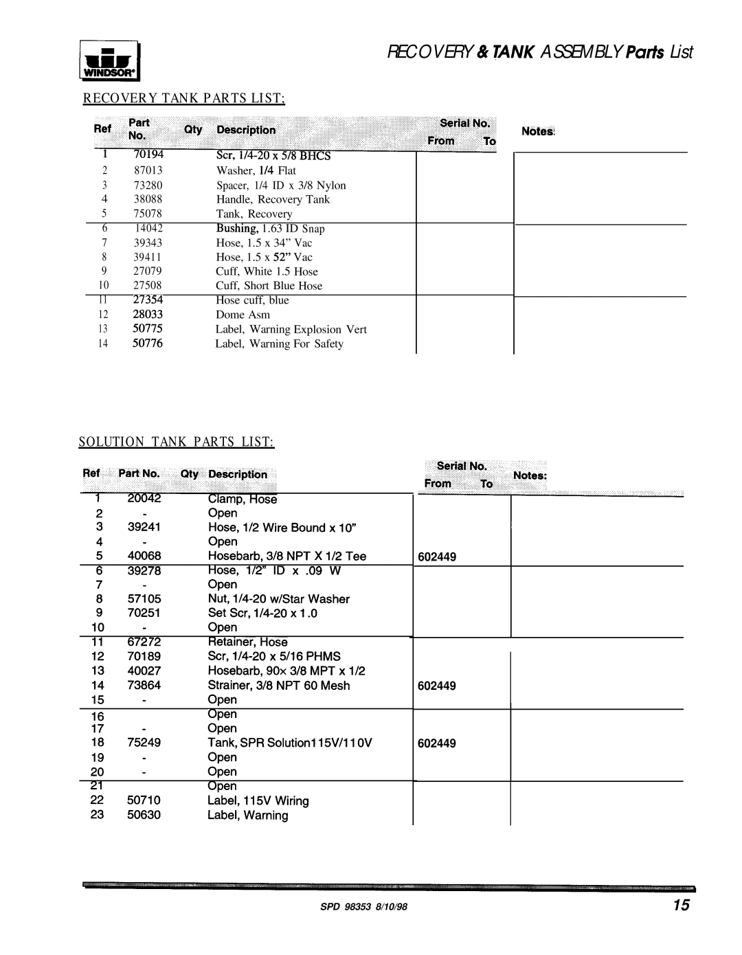 Windsor SPD-J manual Recovery & Tank Assembly Parts List 