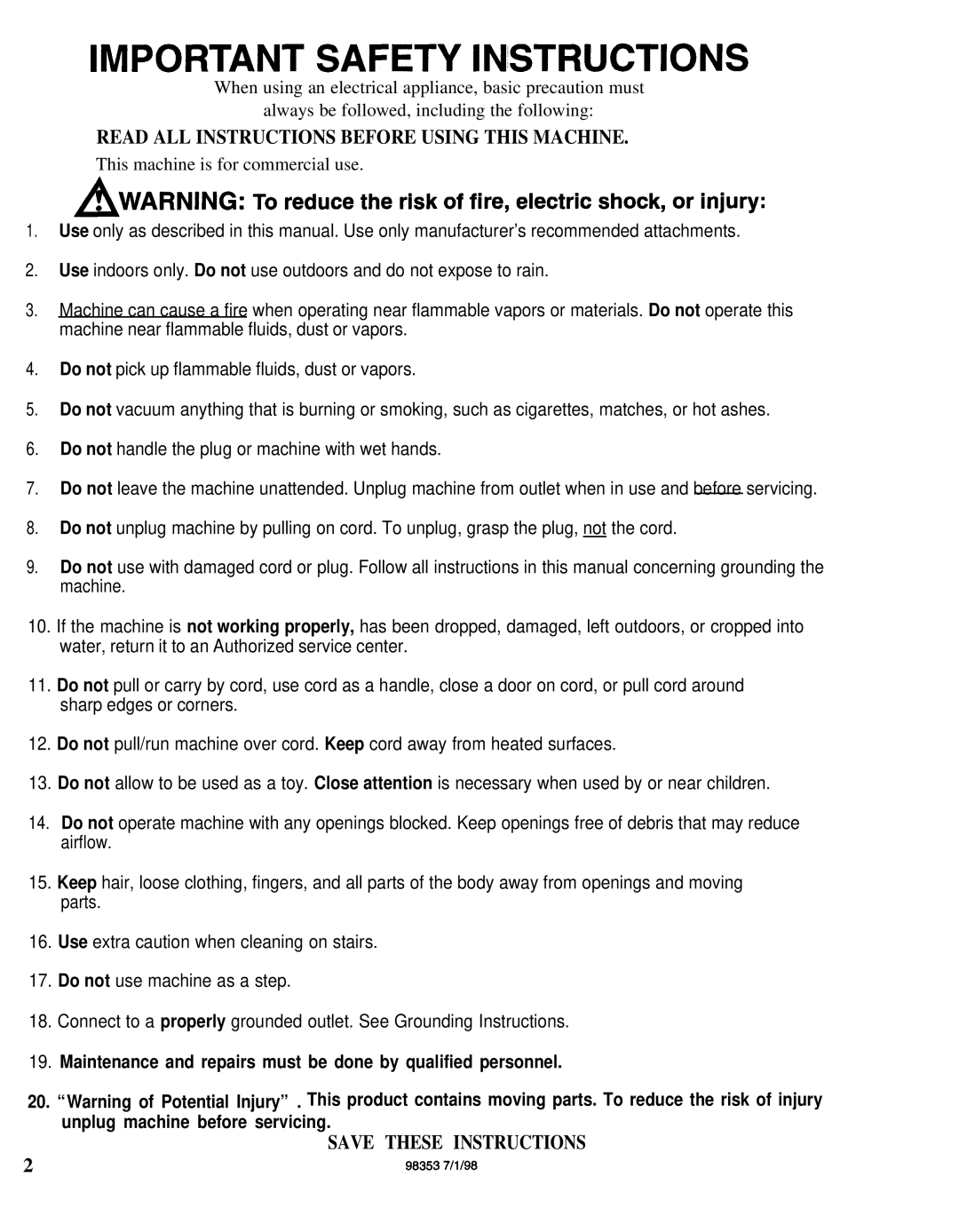 Windsor SPD-J manual Important Safety Instructions 