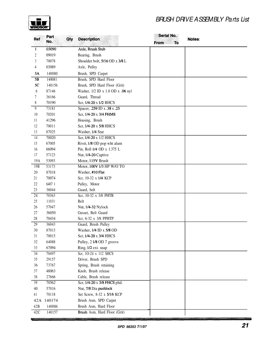 Windsor SPD-J manual Brush Drive Assembly Parts List 