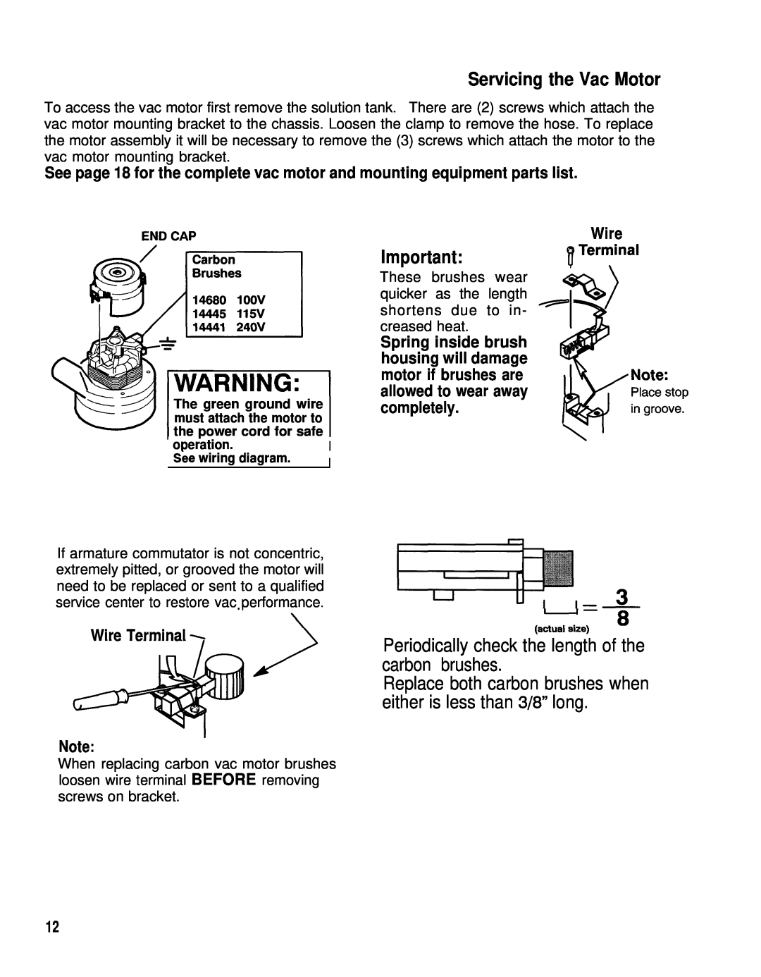 Windsor SPD-J manual Servicing the Vac Motor, Wire Terminal, Fining 
