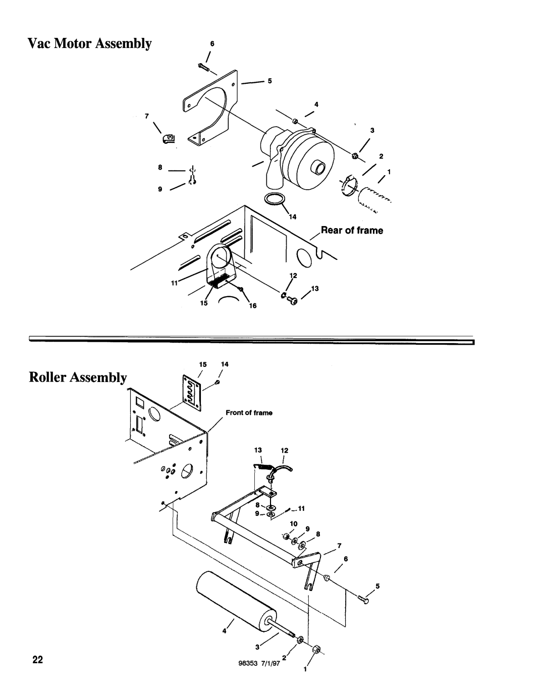 Windsor SPD-J manual Vac Motor Assemblv Roller, Front of frame 