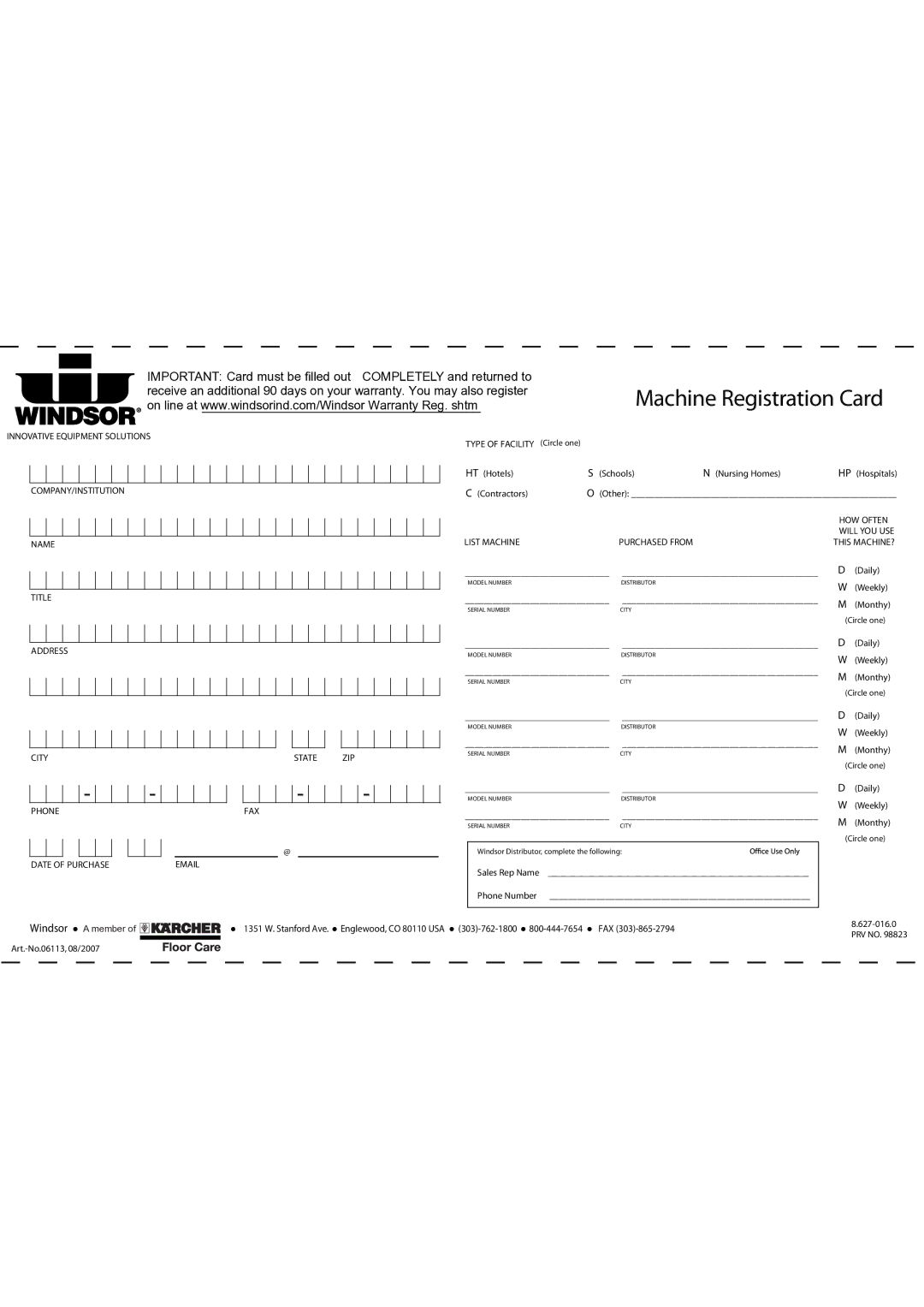 Windsor SRS12 manual Machine Registration Card 