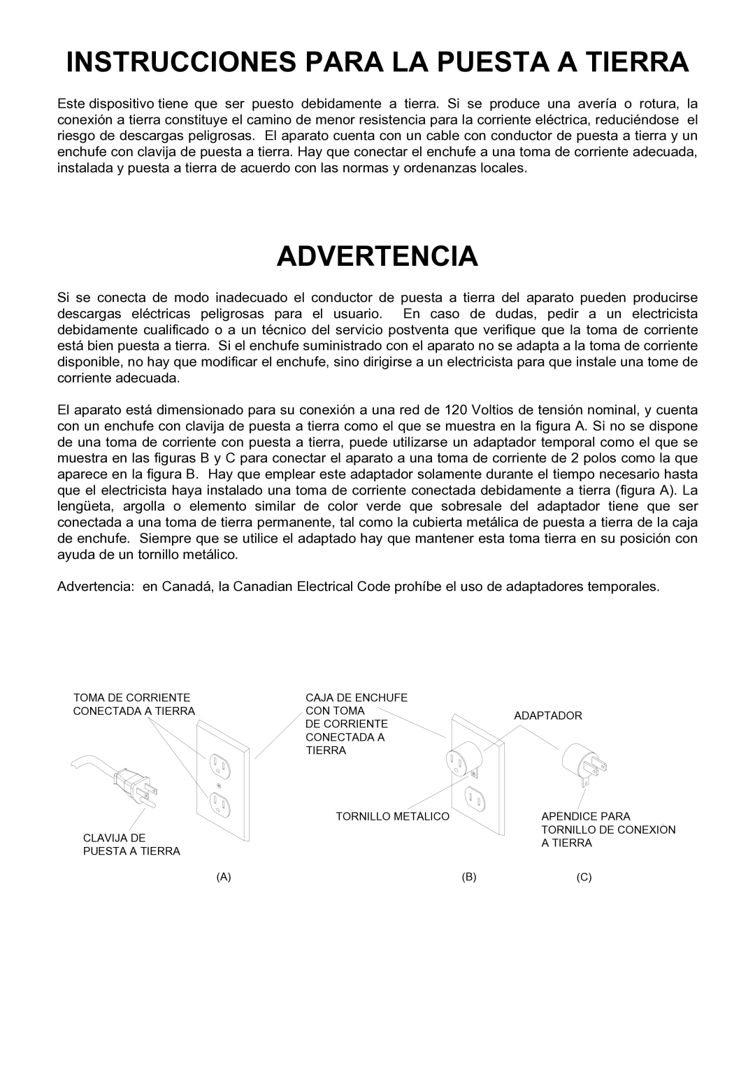 Windsor SRS12 manual Instrucciones Para LA Puesta a Tierra 