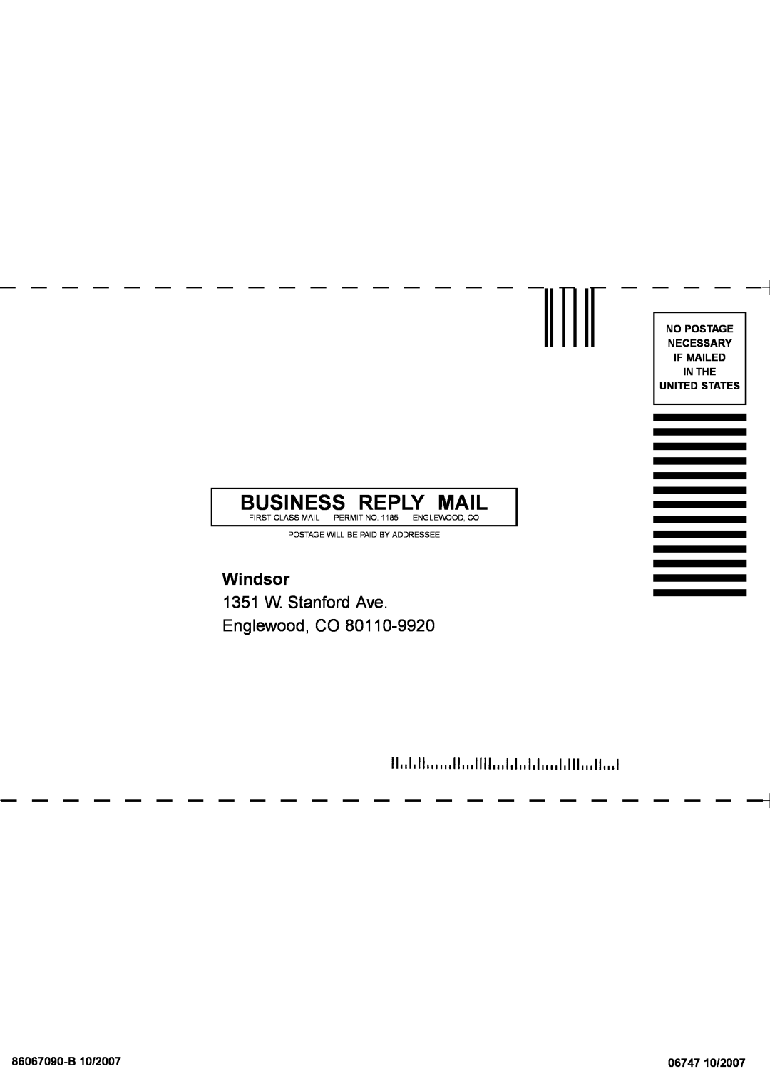 Windsor SRS12 manual Business Reply Mail, Windsor, 1351 W. Stanford Ave Englewood, CO, 86067090-B10/2007, 06747 10/2007 