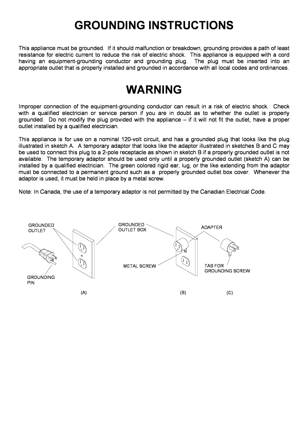 Windsor SRS12 manual Grounding Instructions, Grounded Outlet Grounding Pin A, Grounded Outlet Box Metal Screw 