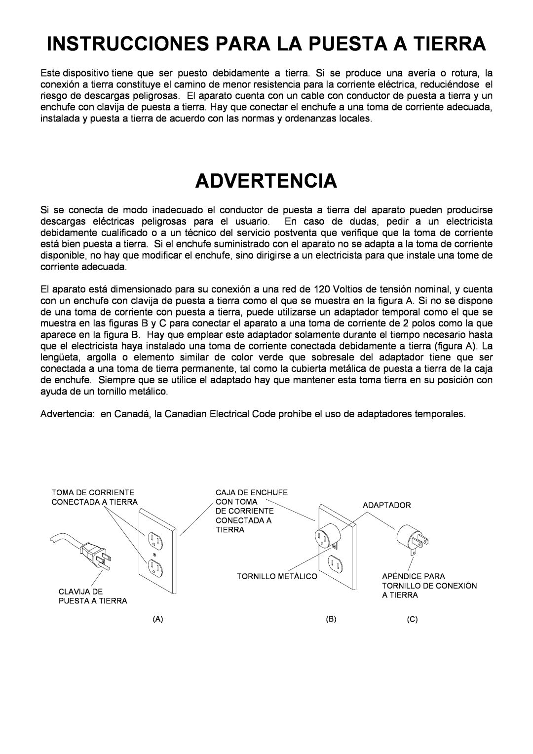 Windsor SRS12 manual Instrucciones Para La Puesta A Tierra, Advertencia, Toma De Corriente Conectada A Tierra Clavija De 