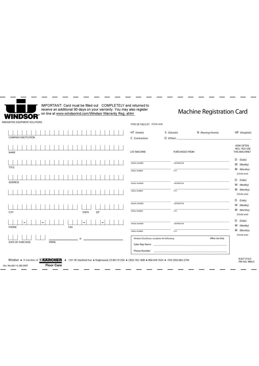 Windsor SRXP12 manual Machine Registration Card 