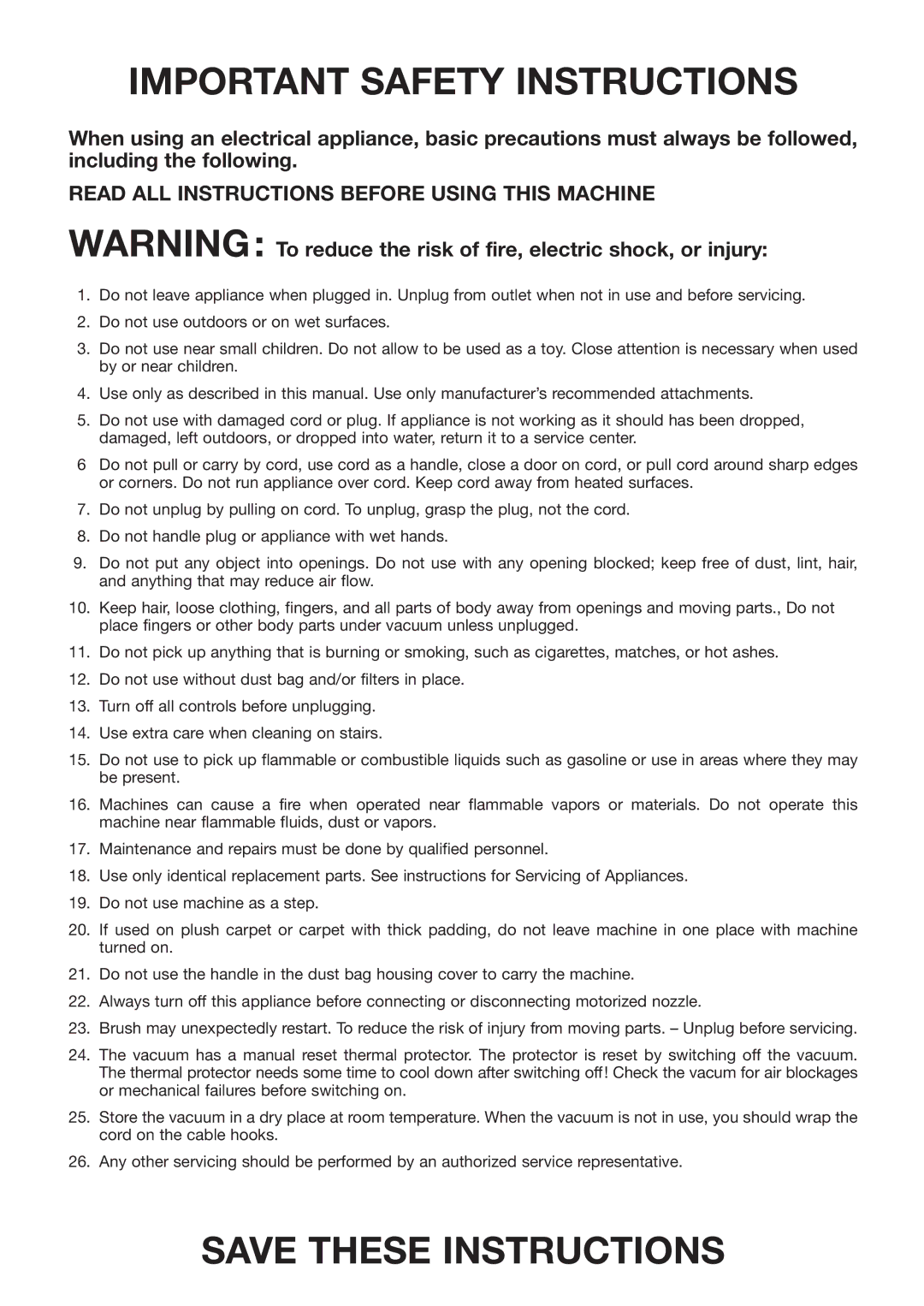 Windsor SRXP12 manual Important Safety Instructions 