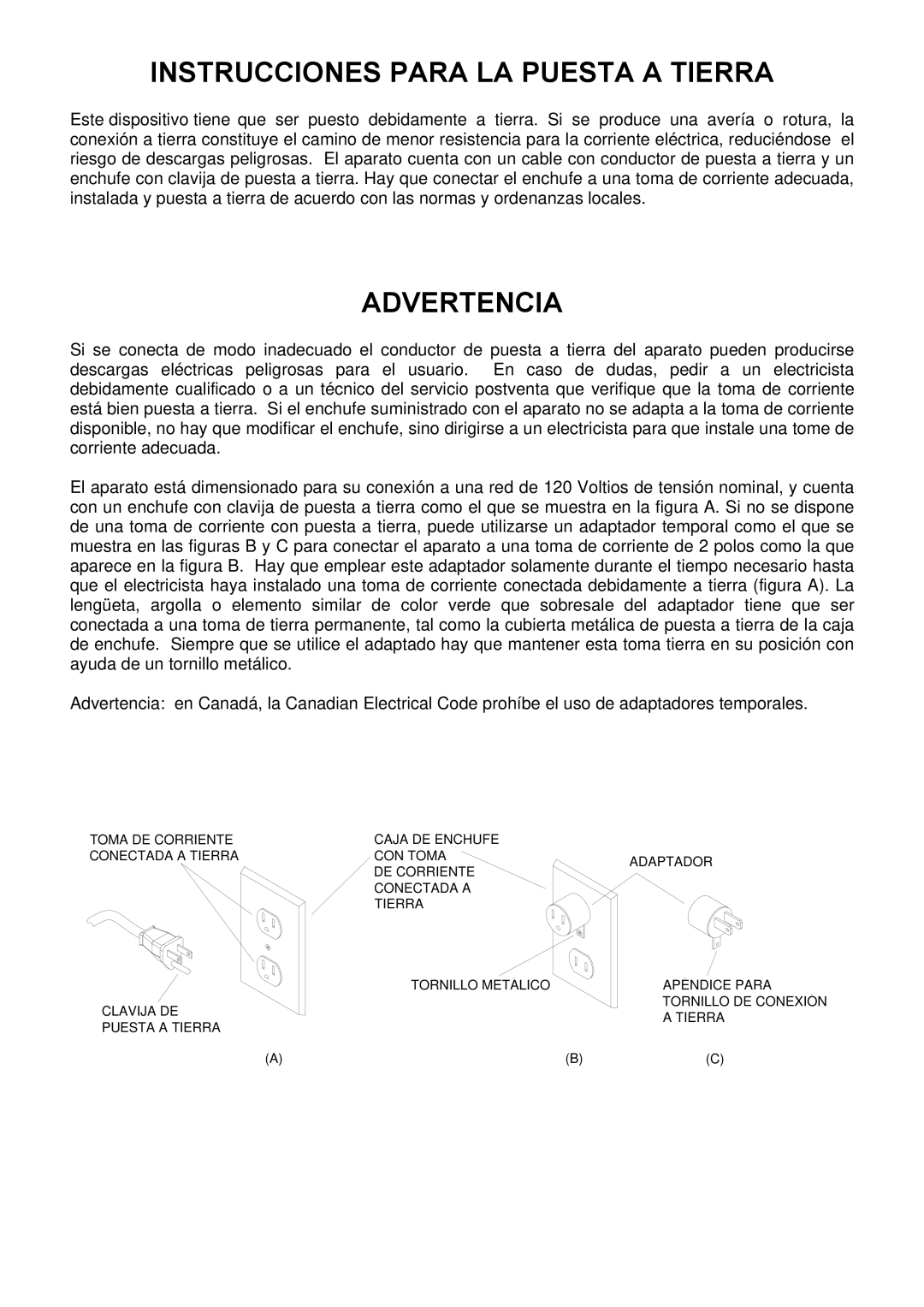 Windsor SRXP12 manual Instrucciones Para LA Puesta a Tierra 