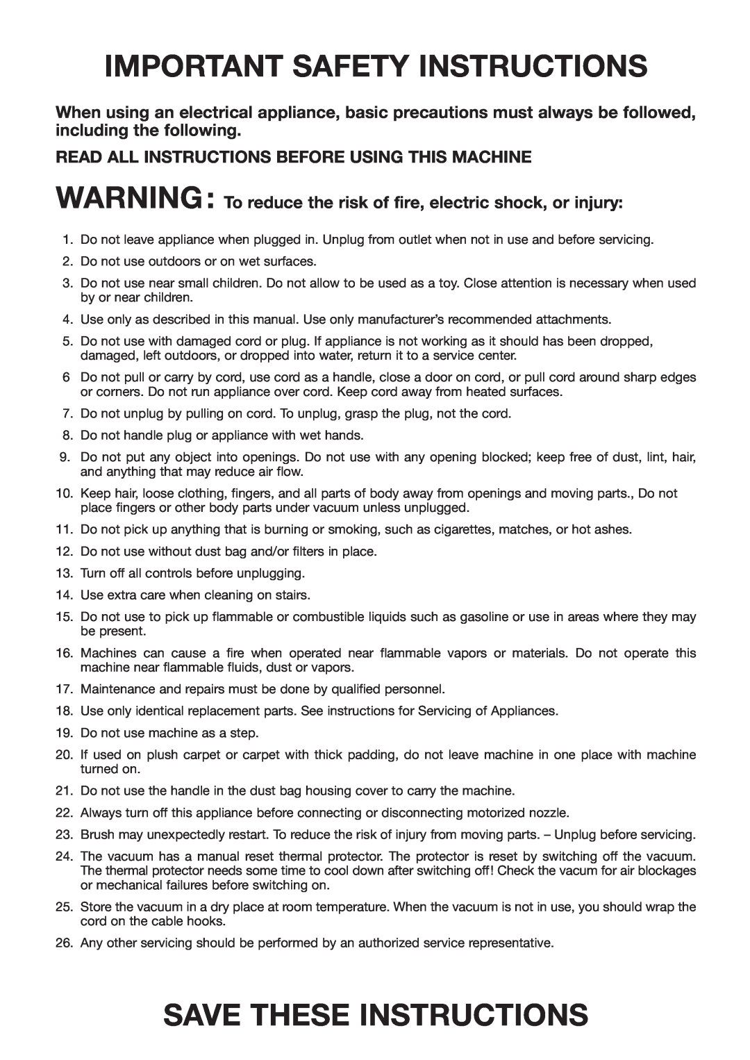 Windsor SRXP12 manual Important Safety Instructions, Save These Instructions 