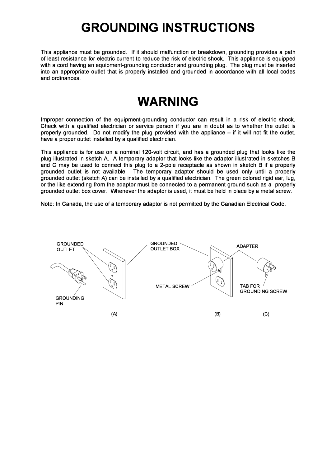 Windsor SRXP15, 10120270 manual Grounding Instructions, Grounded Outlet Grounding Pin A, Grounded Outlet Box Metal Screw 