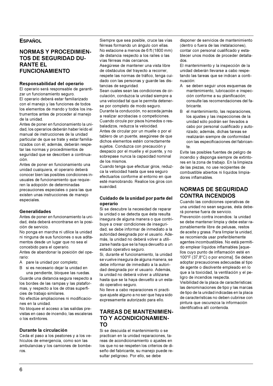 Windsor Sweepers manual Tareas DE MANTENIMIEN- to Y ACONDICIONAMIEN- to, Normas DE Seguridad Contra Incendios 