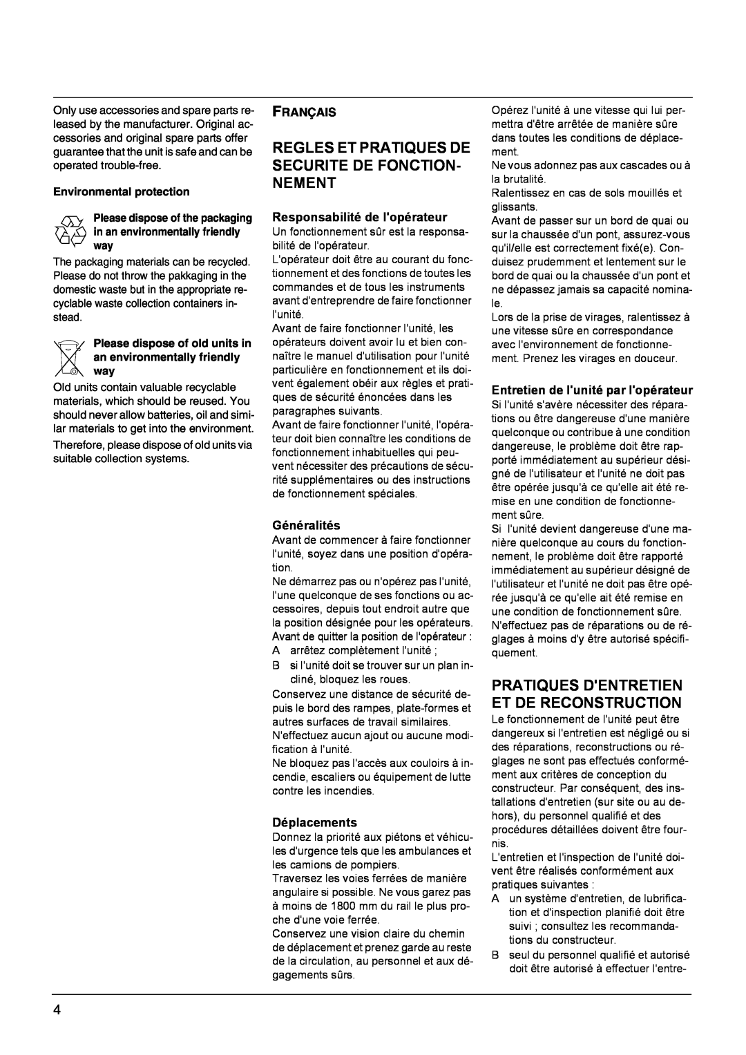Windsor Sweepers manual Pratiques Dentretien Et De Reconstruction, Français, Responsabilité de lopérateur, Généralités 