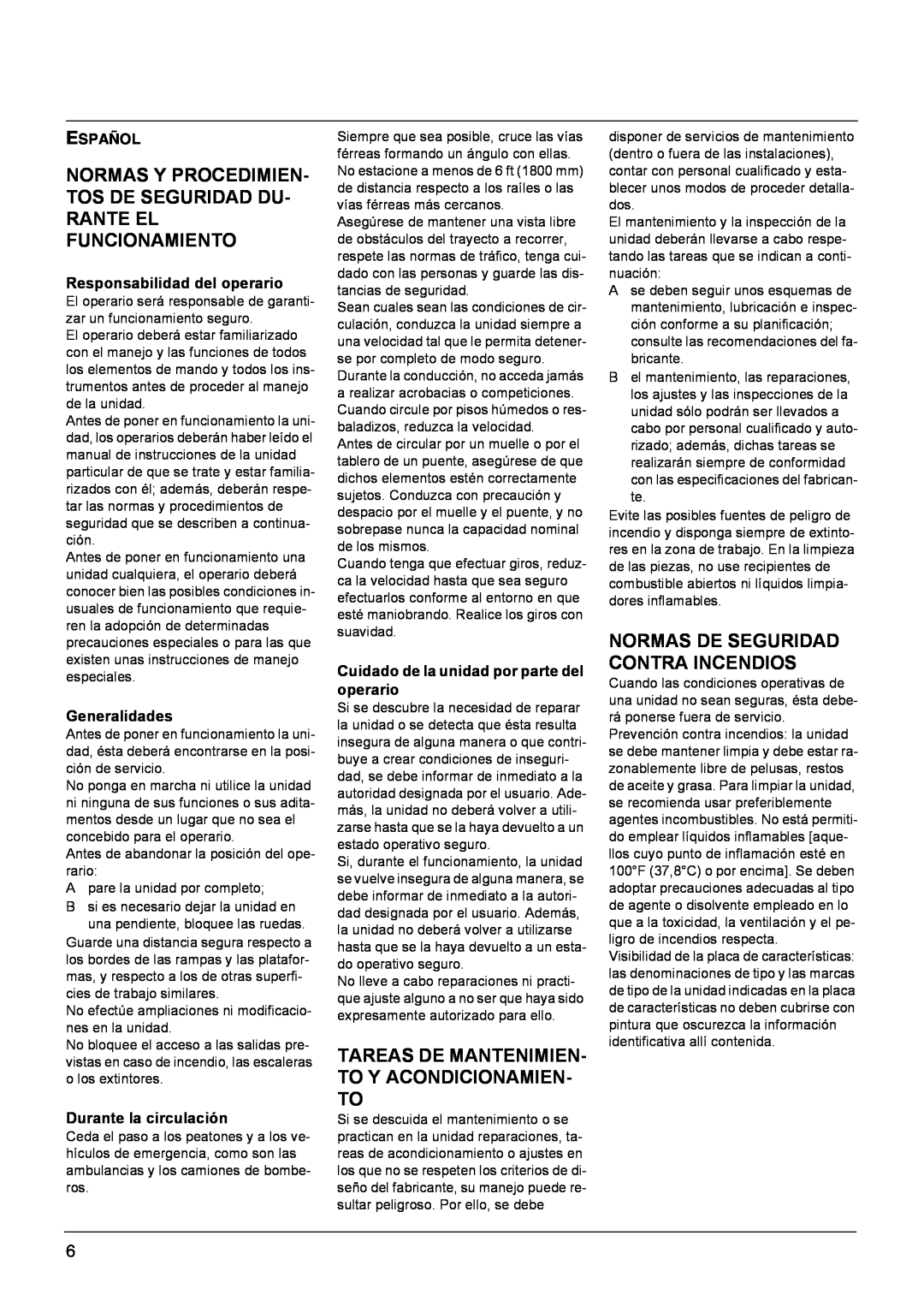 Windsor Sweepers manual Tareas De Mantenimien- To Y Acondicionamien- To, Normas De Seguridad Contra Incendios, Español 