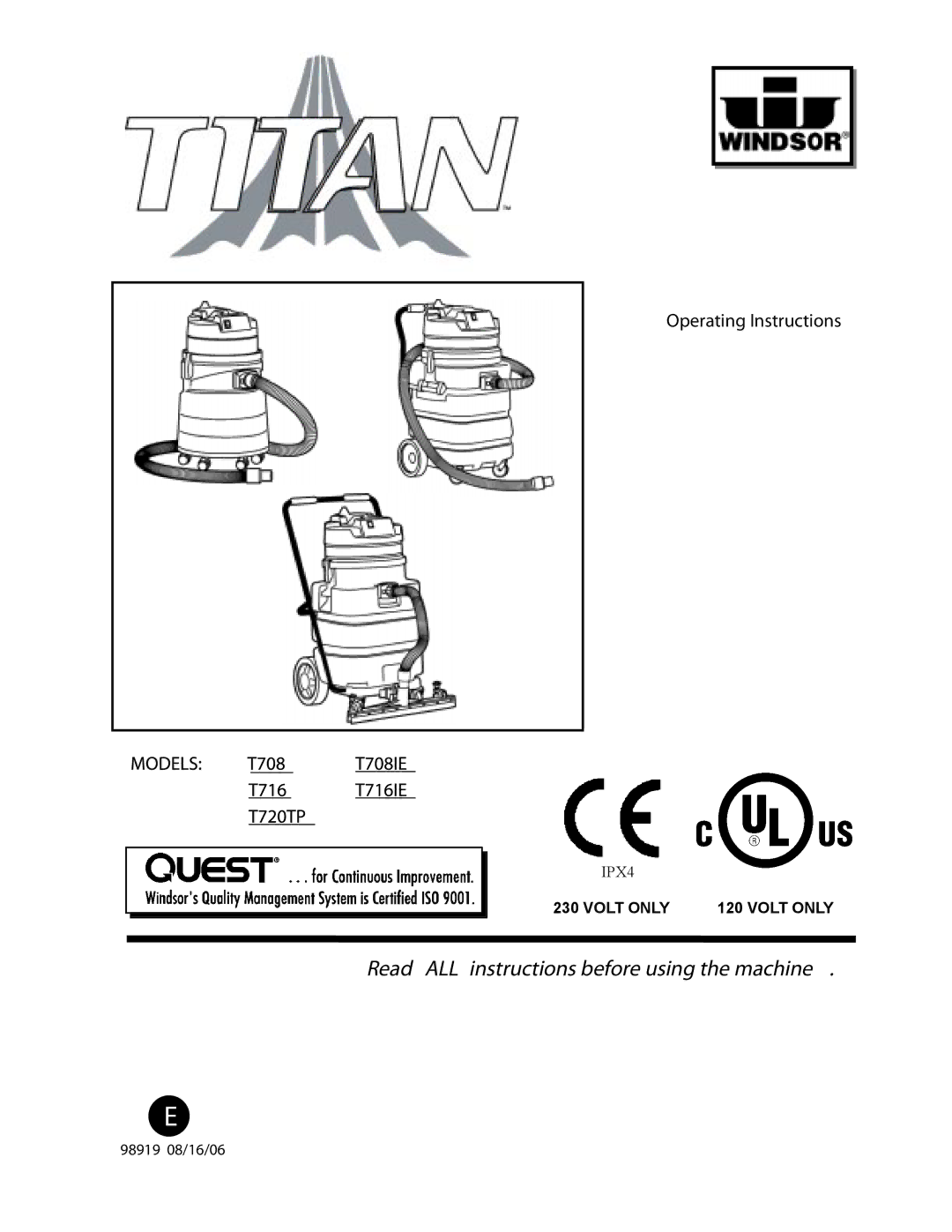 Windsor T716IE, T708IE, T720TP operating instructions Volt only 