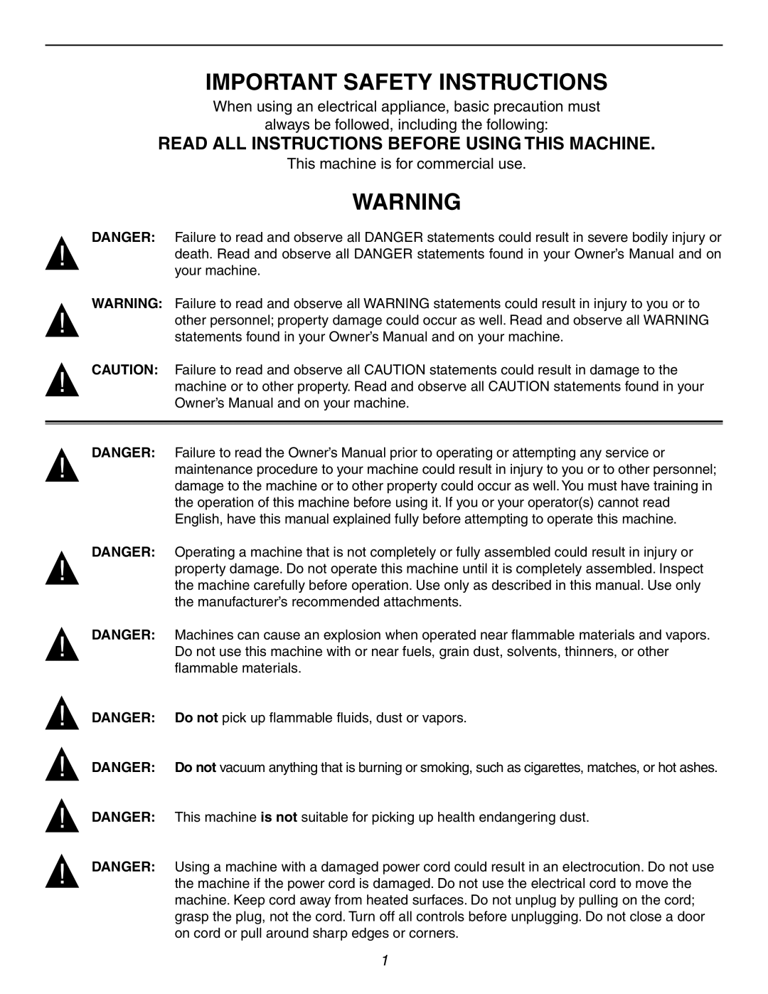 Windsor T716IE, T708IE, T720TP Important Safety Instructions, Read ALL Instructions Before Using this Machine 