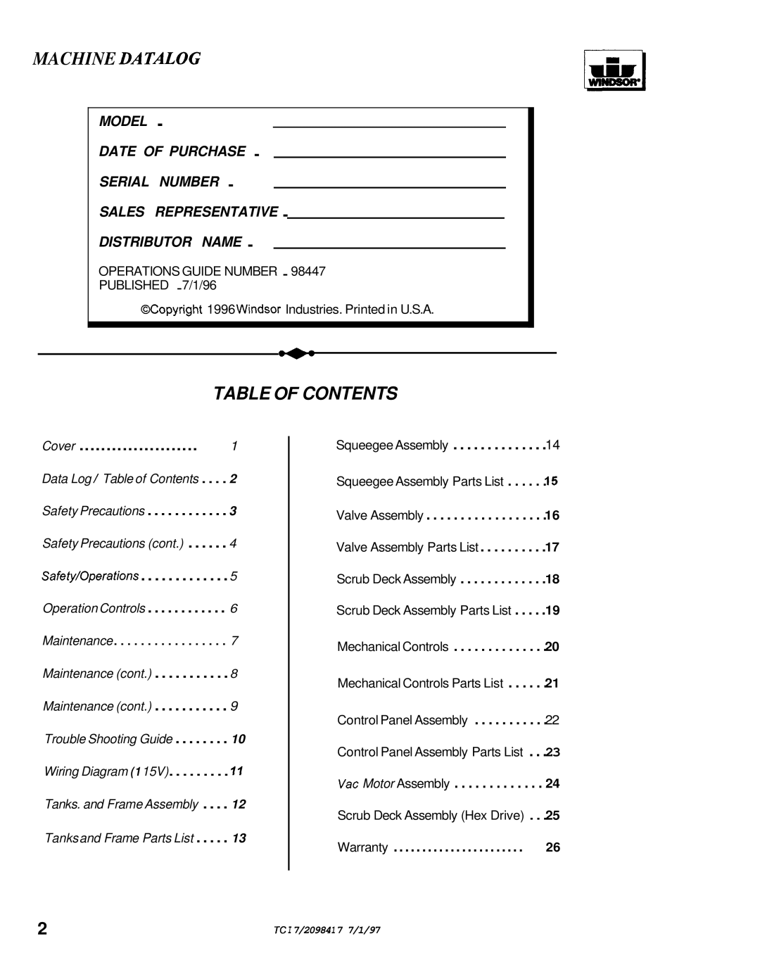 Windsor TCZOE operating instructions Cover, Machine Datalog 