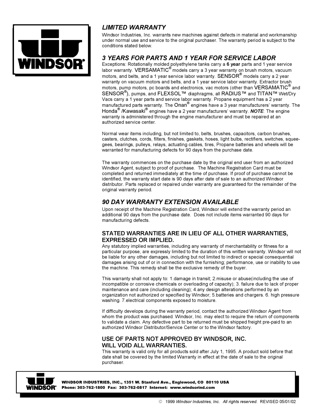 Windsor TCZOE operating instructions Limited Warranty 