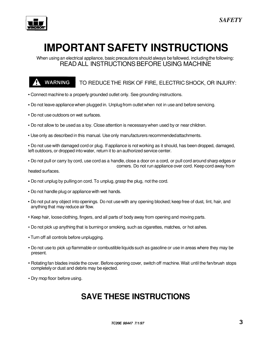 Windsor TCZOE operating instructions Important Safety Instructions 