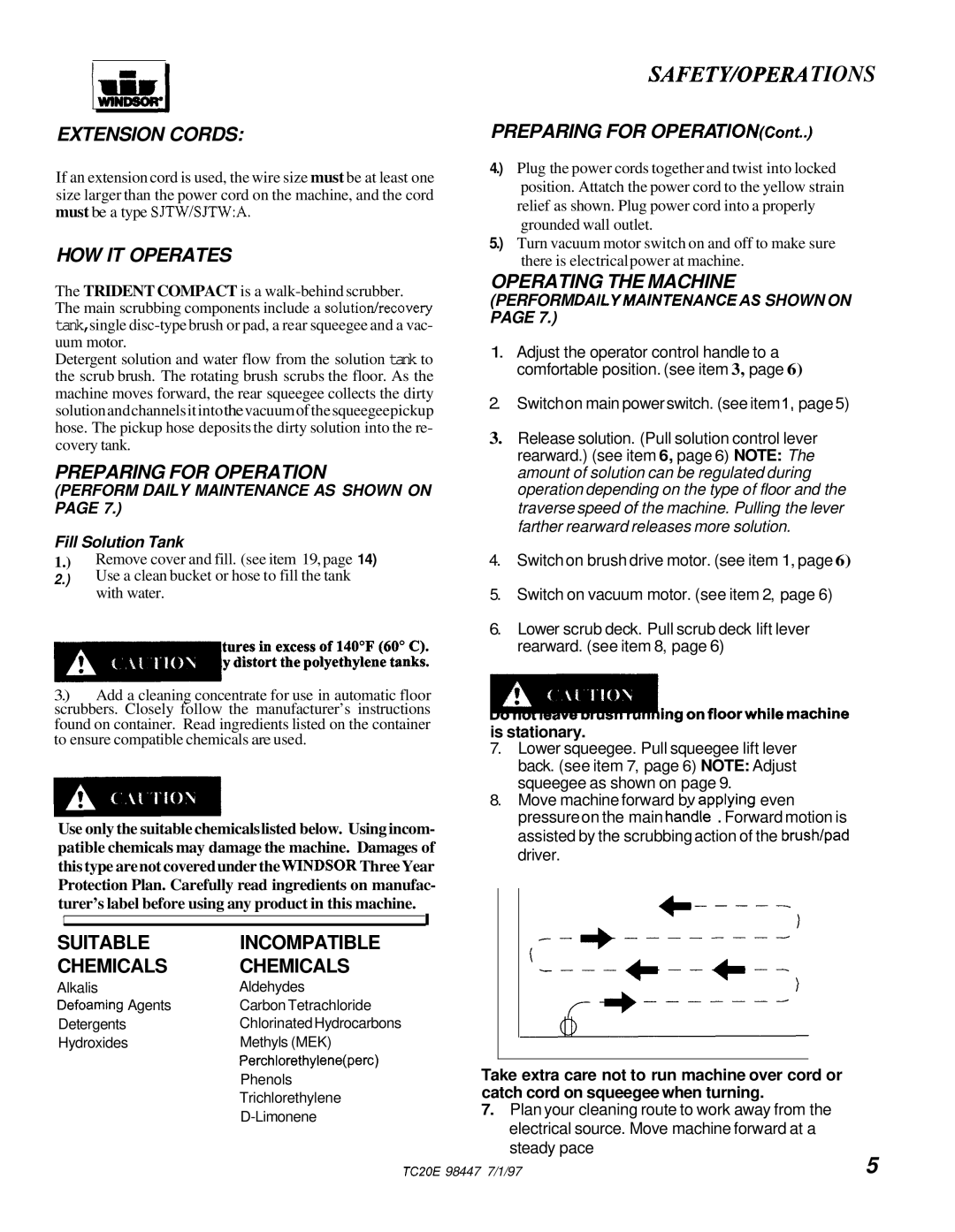 Windsor TCZOE operating instructions Safety/Operations, Fill Solution Tank 