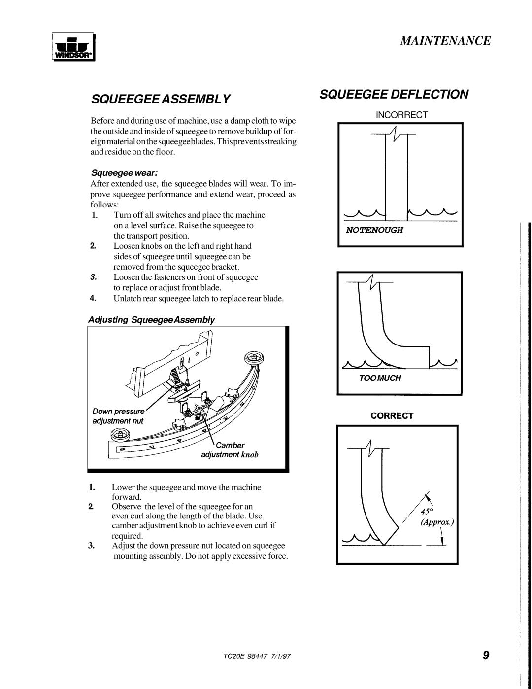 Windsor TCZOE operating instructions Squeegee wear, Adjusting SqueegeeAssembly 