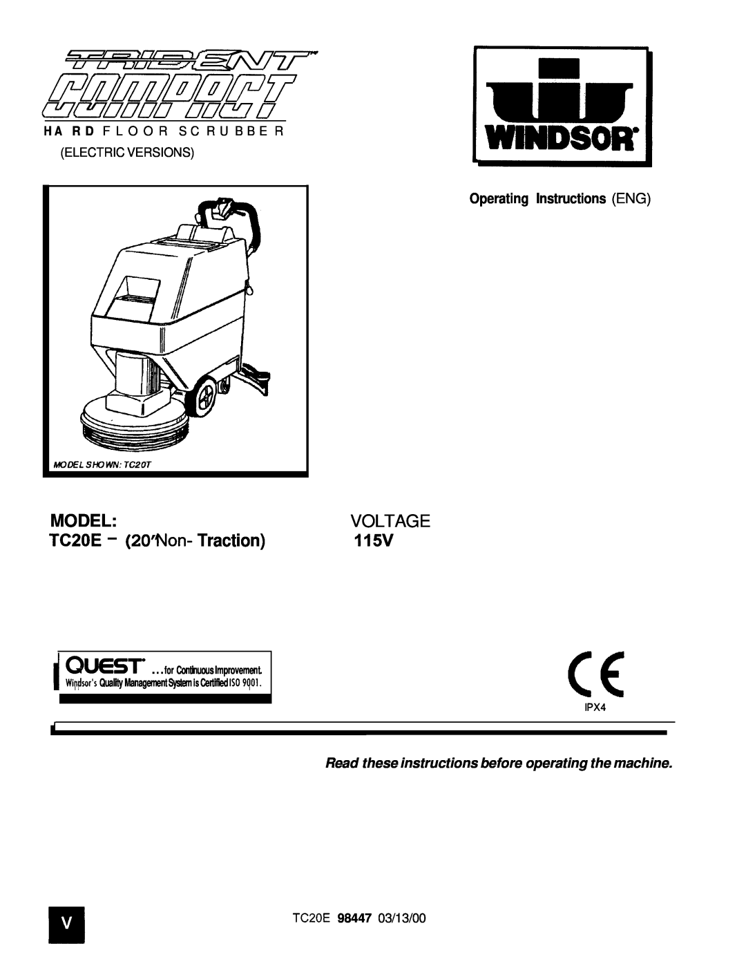 Windsor operating instructions MODEL TCZOE - 20”Non- Traction, Voltage, 115V, Operating Instructions ENG 